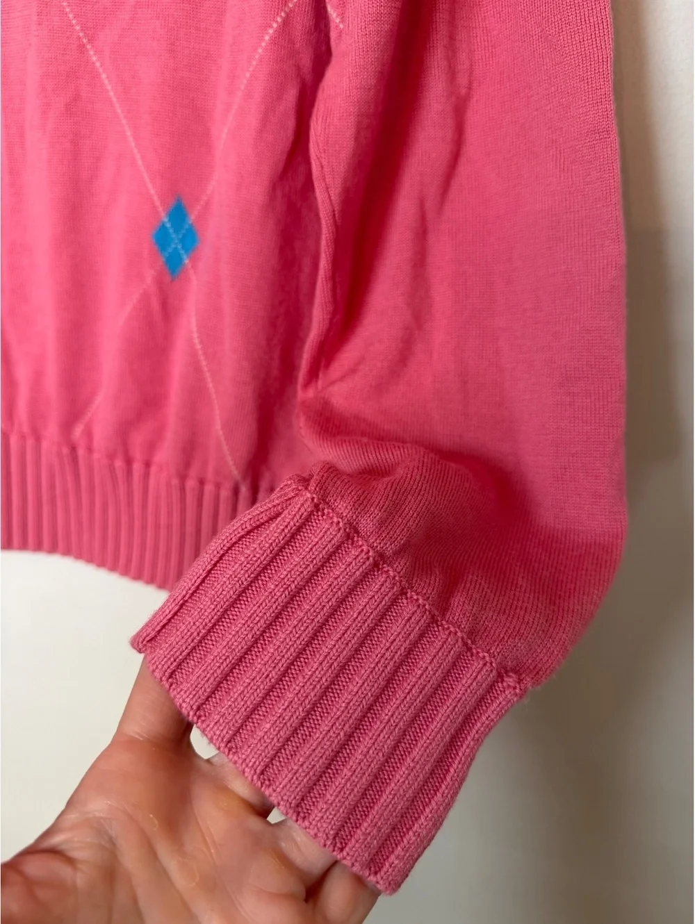 Martin Mens Pink 1/4-Zip Argyle Golf Sweater. 100% Italian Merino Wool. Medium